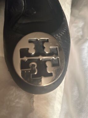 Tory Burch Black Leather Ballet Flat with Silver Logo Medallion